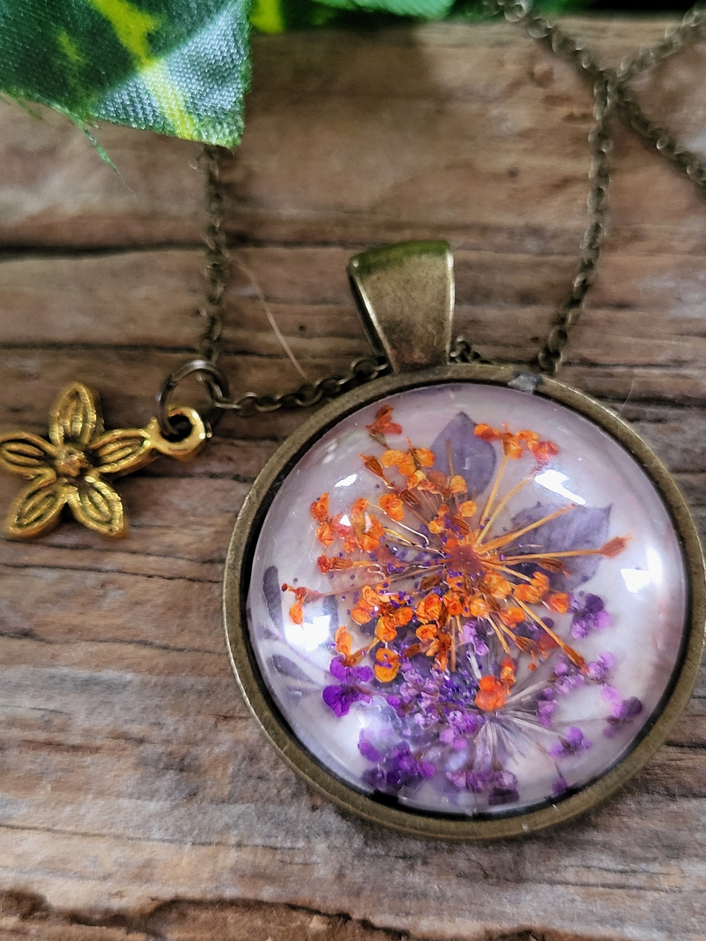 Handcrafted Purple & Orange Dried Flower Under Glass Necklace